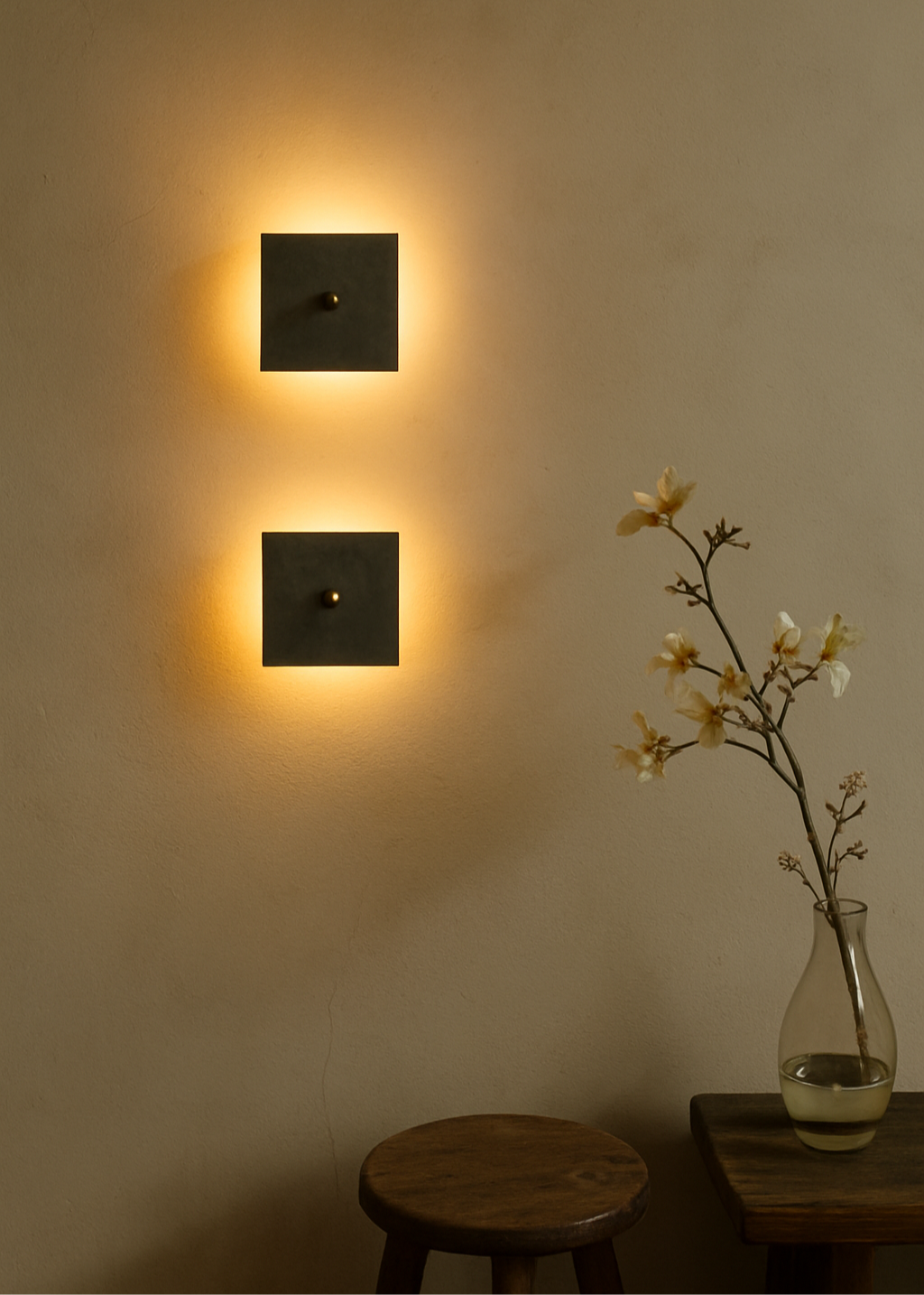 Two square wall lights on a beige wall with a vase of flowers on a table.