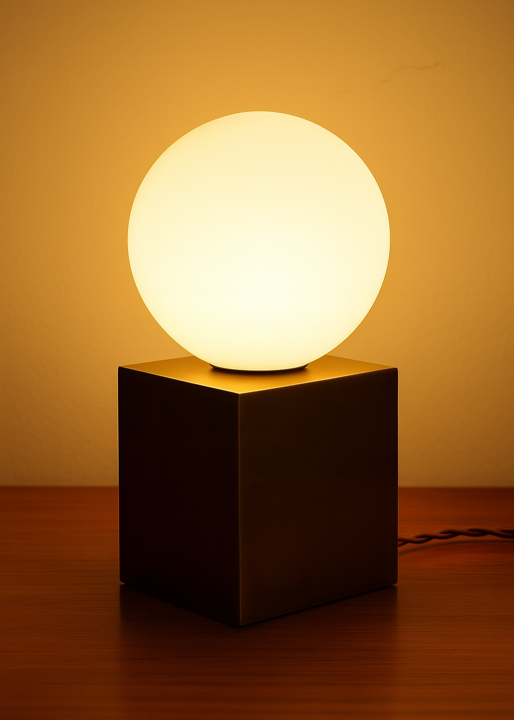 Spherical lamp on a black cube base against a warm brown background