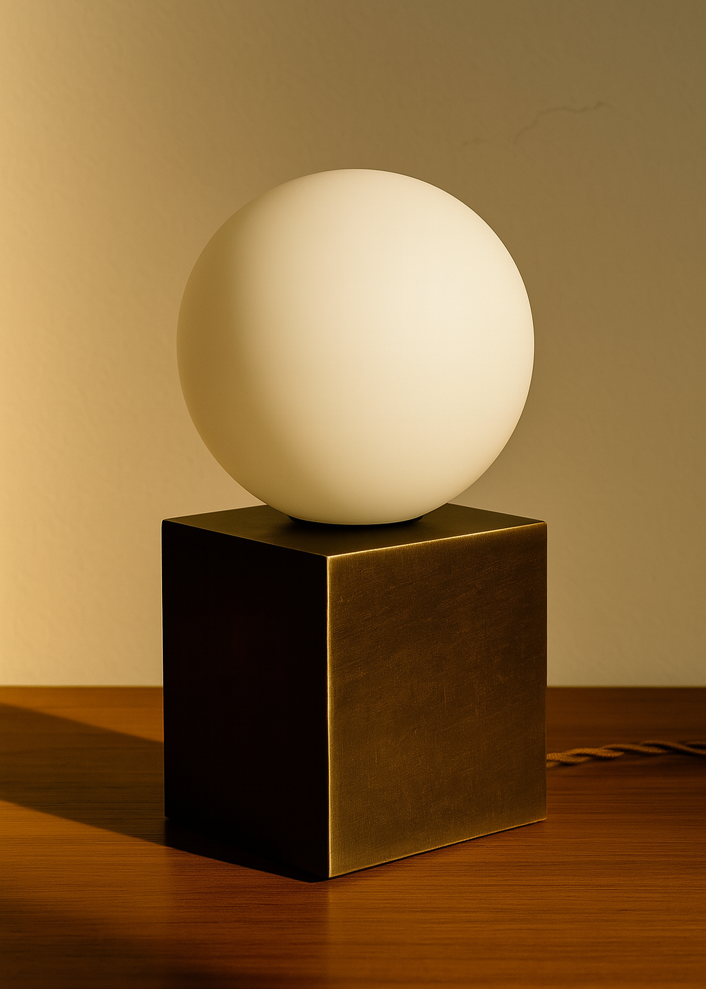 Table lamp with a white spherical shade on a bronze square base against a beige wall.