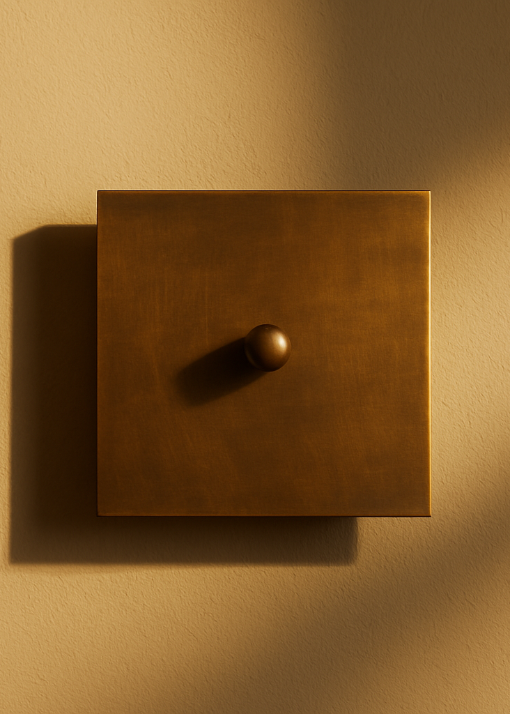 Bronze square wall sconce with a cylindrical fixture on a beige wall.