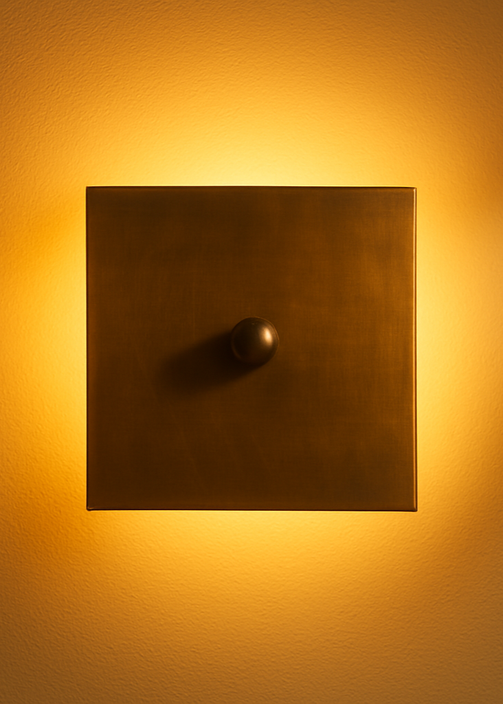 Square wall light fixture casting a warm glow on a wall